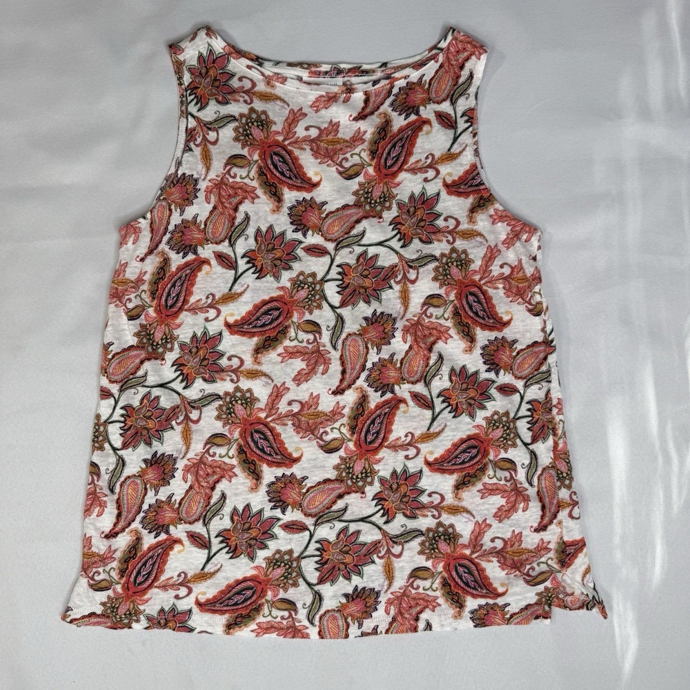 J Jill Medium Love 100% Linen Paisley Sleeveless Orange White Floral Blouse Top
